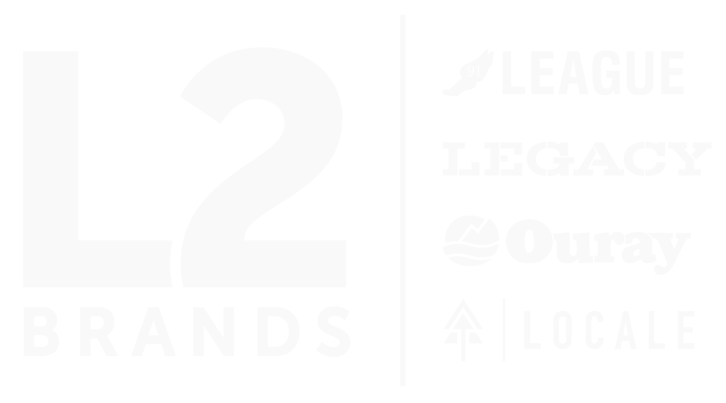 White L2 Brands logo with all brands League, Legacy, Ouray, Locale